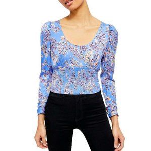 Free People Women's Santiago Print Floral Blouse Navy Size Large